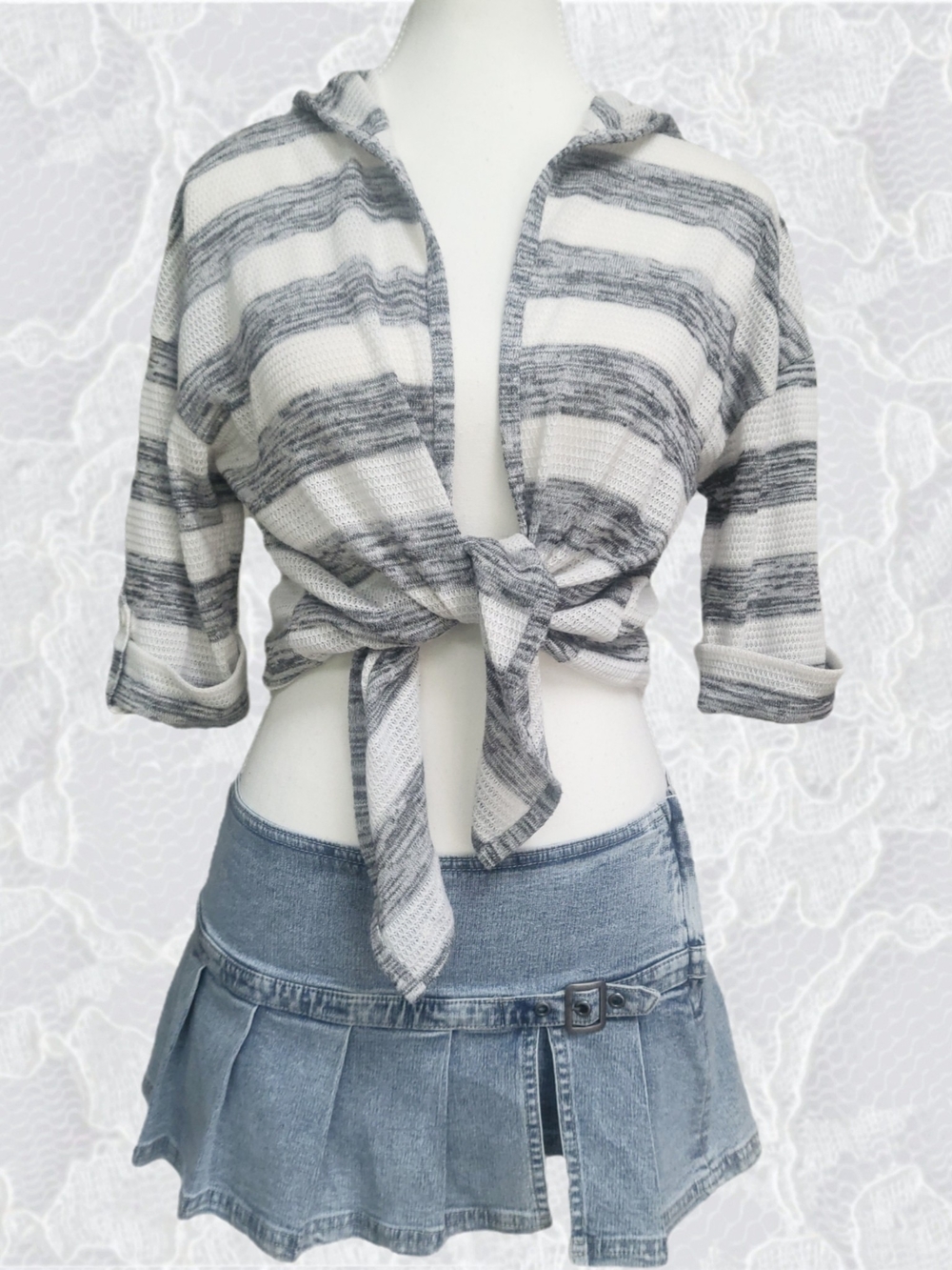 Striped Tie-Front Hooded Crop Top - White & Gray